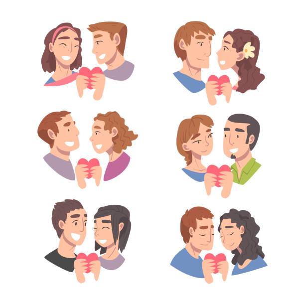 ilustraciones, imágenes clip art, dibujos animados e iconos de stock de pareja enamorada enamorada sosteniendo el corazón que siente devoción conjunto de vectores - human face heterosexual couple women men