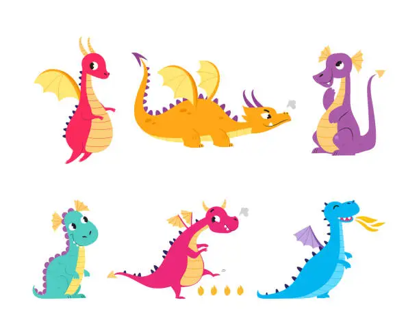 Vector illustration of Fire Breathing Baby Dragon with Wings and Tail Vector Set