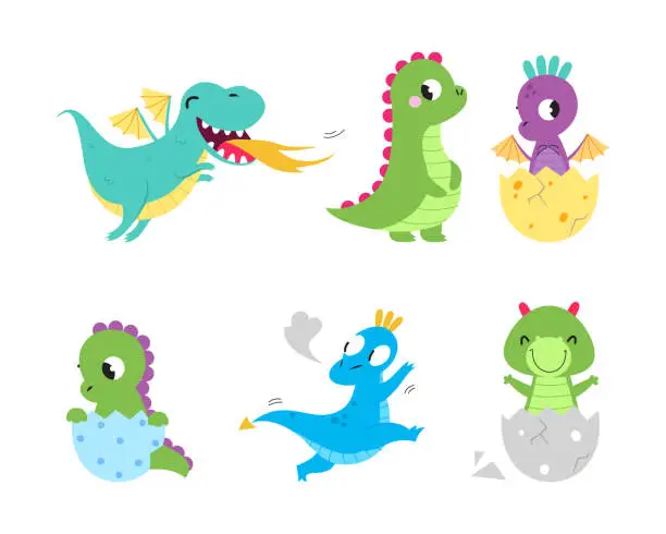 Vector illustration of Fire Breathing Baby Dragon with Wings and Tail Vector Set