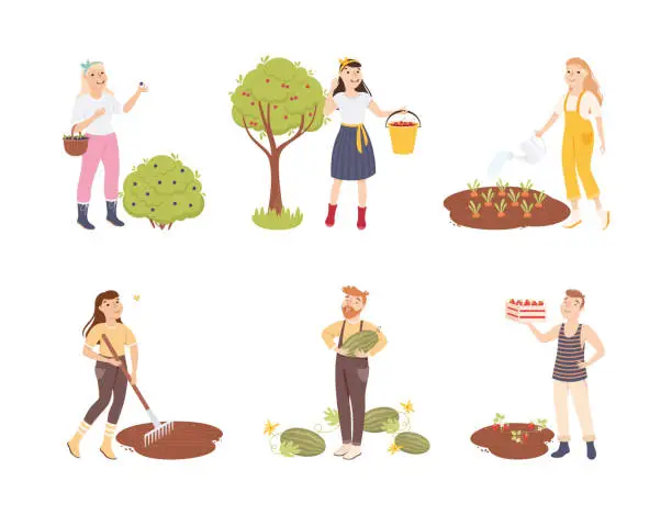 Vector illustration of Man and Woman Farmer or Agricultural Worker Vector Illustration Set