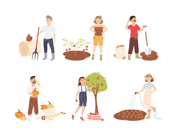 Vector illustration of Man and Woman Farmer or Agricultural Worker Vector Illustration Set