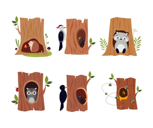 Vector illustration of Forest Animal in Their Cozy Home and Burrow Vector Set