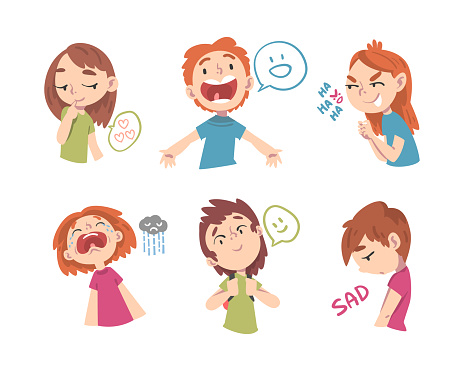 Little Children with Face Expression and Emotion Vector Set. Funny Kids Showing Feeling and Reaction