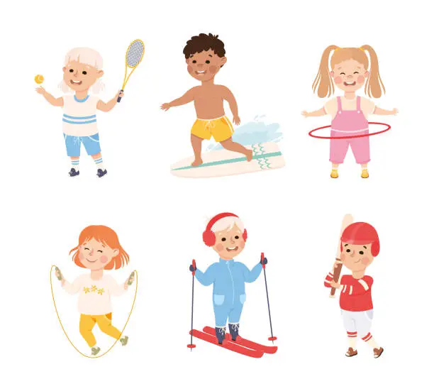 Vector illustration of Happy Children Doing Sport and Physical Activity Vector Set