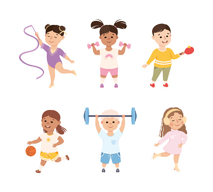 Happy Children Doing Sport and Physical Activity Vector Set. Active Healthy Kids Training