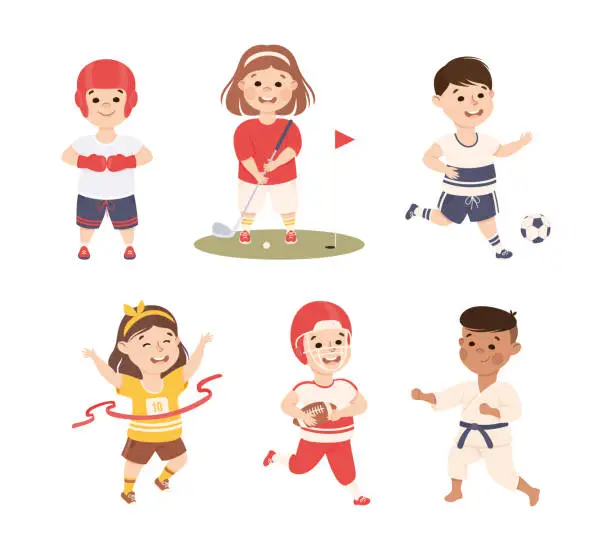 Vector illustration of Happy Children Doing Sport and Physical Activity Vector Set