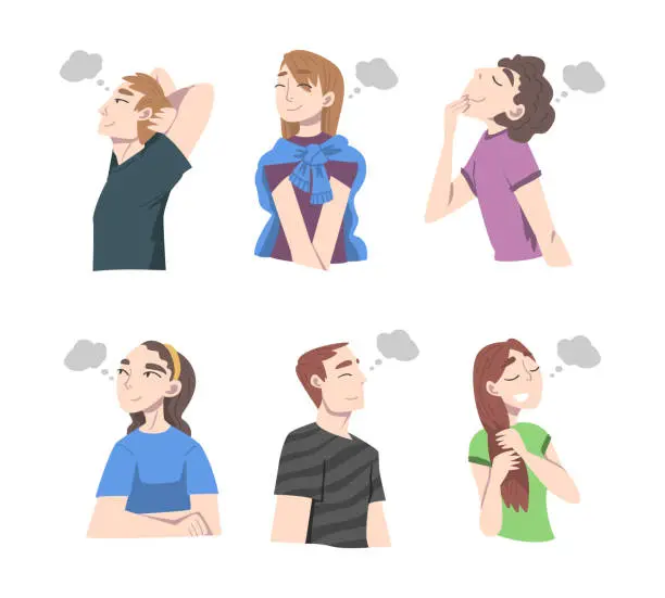 Vector illustration of People Characters Daydreaming and Fantasizing Imagining Something in Their Head Vector Illustration Set