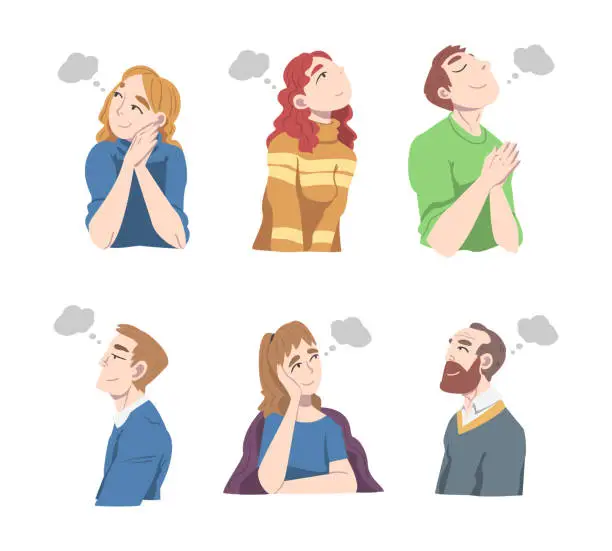 Vector illustration of People Characters Daydreaming and Fantasizing Imagining Something in Their Head Vector Illustration Set