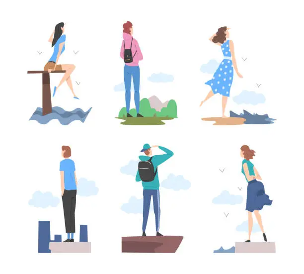 Vector illustration of People Characters Looking Ahead as into Bright Future Vector Illustration Set