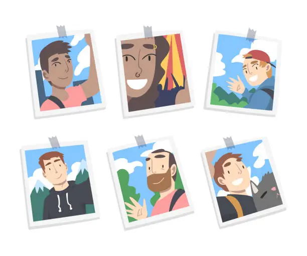 Vector illustration of Photographic Print or Selfie Picture with People Characters Smiling Faces on It Vector Set