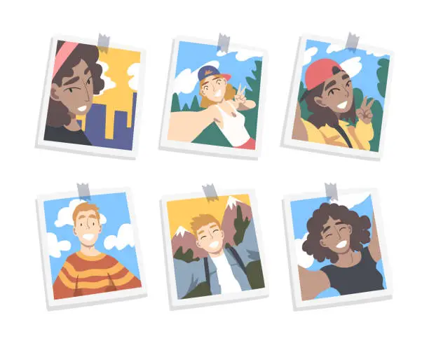 Vector illustration of Photographic Print or Selfie Picture with People Characters Smiling Faces on It Vector Set