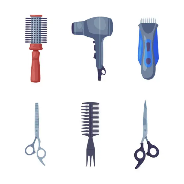Vector illustration of Hairdresser Brush, Hair Dryer, Razor and Scissors Vector Set