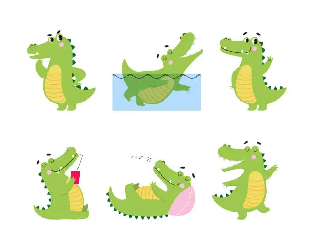 Vector illustration of Cute Crocodile Character Engaged in Different Activity Vector Illustration Set