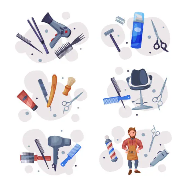 Vector illustration of Hairdresser Man with Razor, Hair Dryer, Brush and Scissors Vector Set