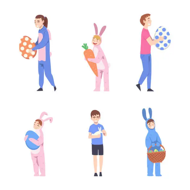 Vector illustration of Happy Easter with Cheerful People Celebrating Holiday Vector Set