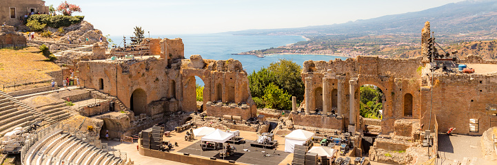 Greek theater in Taormina and Etna Mont. Europe. Banner Web with copy space.