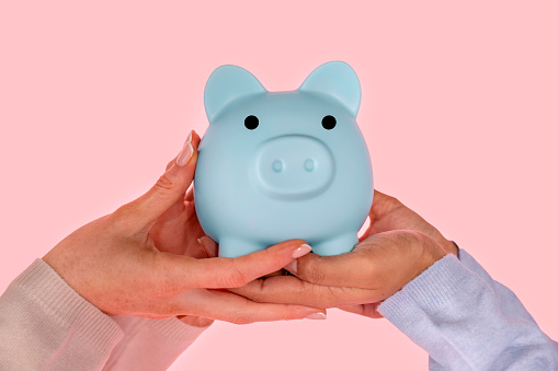 two girls, young women holding piggy bank in their hands on pink background  investment, saving money, currency, deposit concepts