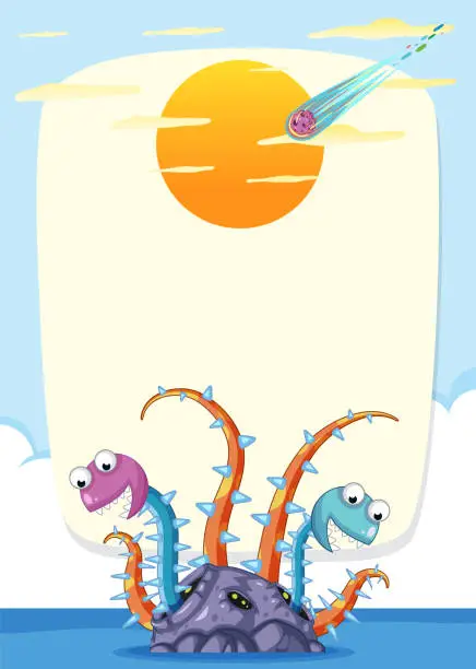 Vector illustration of Cartoon monsters at the beach with a comet