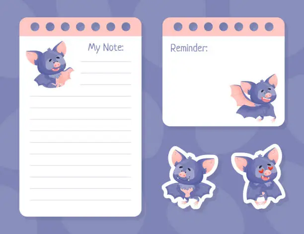 Vector illustration of Note Card with Funny Purple Bat Character Vector Template