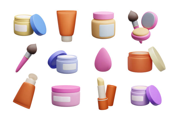 sada 3d kosmetických kosmetických make-upových produktů izolovaných na bílé. roztomilé 3d nádoby na obličejový krém v kresleném stylu, lahvičky na tělové mléko, štětec na make-up, kompaktní paleta pudrů, rtěnka, vektorové vykreslení - kosmetika stock ilustrace