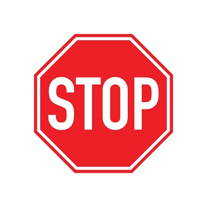 Red stop sign, road stop sign, octagonal stop sign.