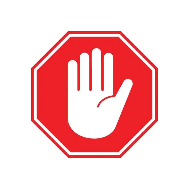 Vector illustration of Red stop sign with a hand, vector illustration separated on a white background.