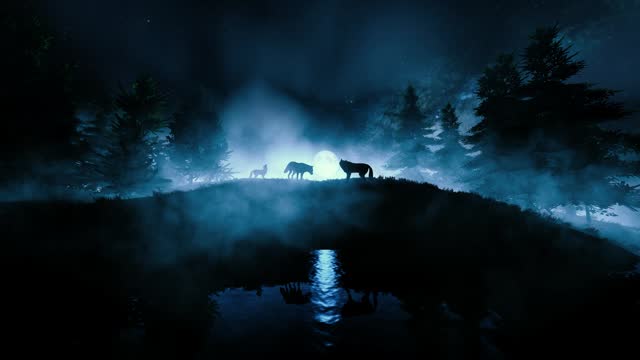 Moonlit Fantasy Wolf Pack in Forest Mist
