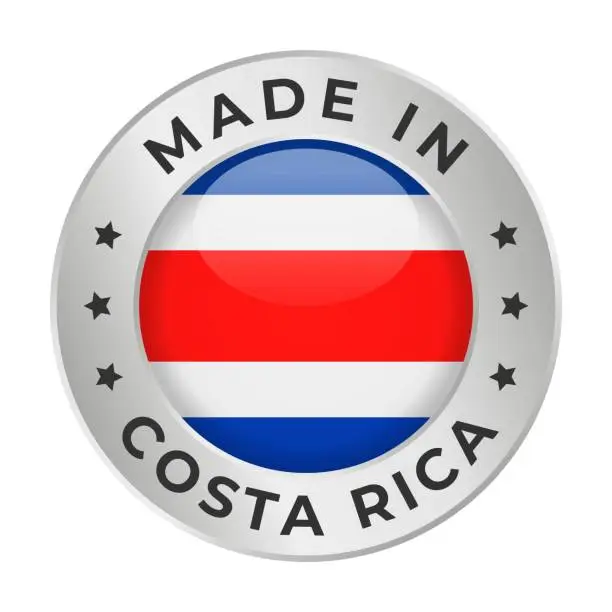 Vector illustration of Made in Costa Rica - Vector Graphics. Round Silver Label Badge Emblem with Flag of Costa Rica and Text Made in Costa Rica. Isolated on White Background
