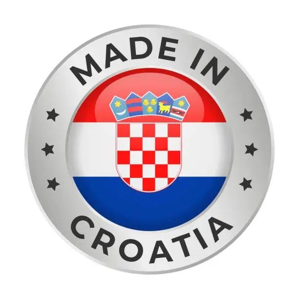 Vector illustration of Made in Croatia - Vector Graphics. Round Silver Label Badge Emblem with Flag of Croatia and Text Made in Croatia. Isolated on White Background