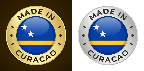 Made in Curacao - Vector Graphics. Round Golden and Silver Label Badge Emblem Set with Flag of Curacao and Text Made in Curacao. Isolated on White and Dark Backgrounds