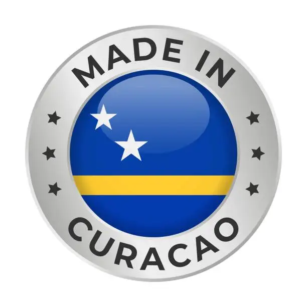 Vector illustration of Made in Curacao - Vector Graphics. Round Silver Label Badge Emblem with Flag of Curacao and Text Made in Curacao. Isolated on White Background