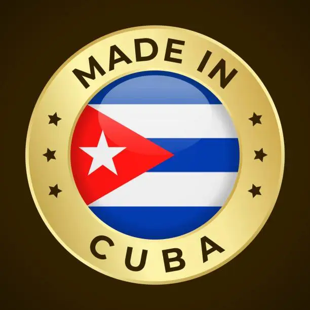 Vector illustration of Made in Cuba - Vector Graphics. Round Golden Label Badge Emblem with Flag of Cuba and Text Made in Albania. Isolated on Dark Background