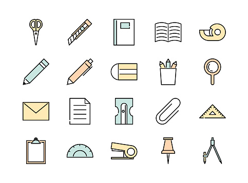 Set of stationery colorful icons, vector illustration