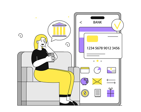 Online banking woman simple. Young girl with smartphone with application. Electronic digital wallet. Cashless transfers and transactions. Linear flat vector illustration isolated on white background