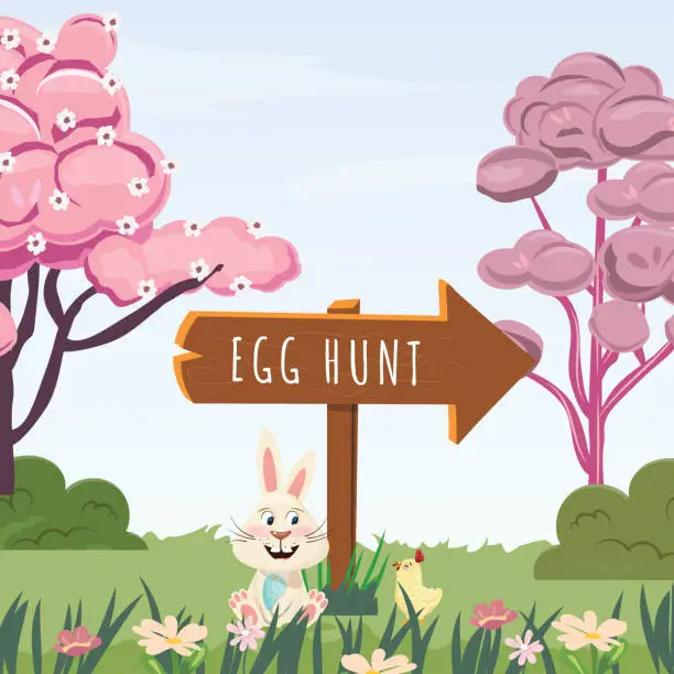Vector illustration of Egg hunt. Bunny outdoor sitting in the grass among flowers hugging Easter egg and little chick walking near by. Pink trees and clear blue sky on the background