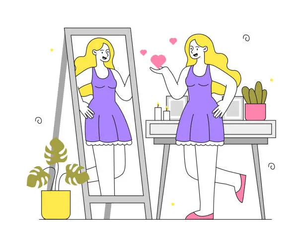 Vector illustration of Woman looks at mirror vector simple