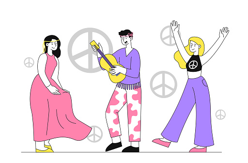 Hippie people linear. Man and women with sings of peace. Positivity and optimism. Optimistics feelings and emotions. Simple flat vector illustration isolated on white background