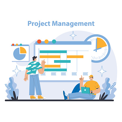 Strategy and management concept. Team managing timelines, resources, and deliverables. Visualizing project schedules, meeting deadlines, optimizing task allocation. Flat vector illustration.