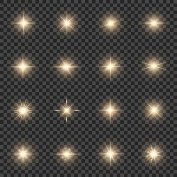 Vector illustration of Set of realistic golden burst lights, bright stars, sparkles. Vector illustration on a transparent background