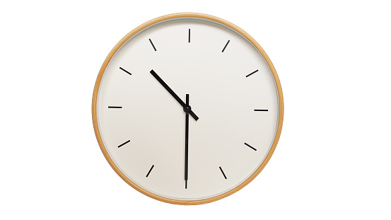 Isolated on white background Minimalist style wooden wall clock, showing time at 10.30 or 22.30.