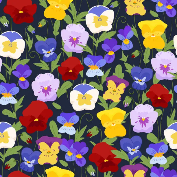 Vector illustration of Colorful viola pansy flower meadow seamless pattern. Garden wild Plant background for fashion, wallpapers, print. Many different flowers on the field. Liberty style millefleurs