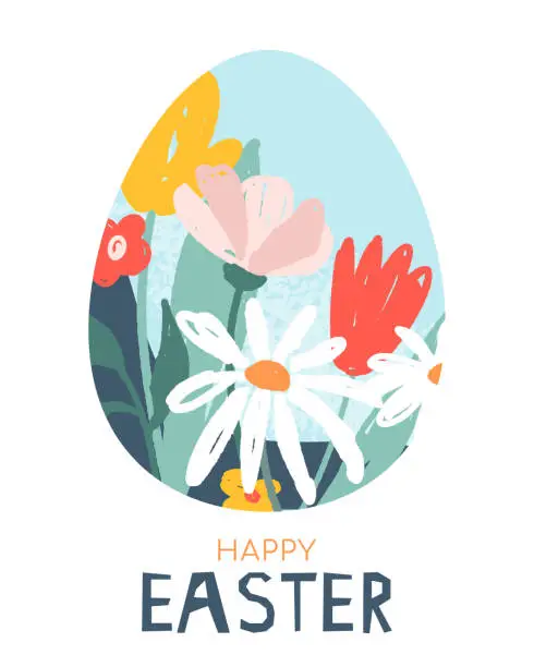 Vector illustration of Happy Easter greeting card design with egg and flowers