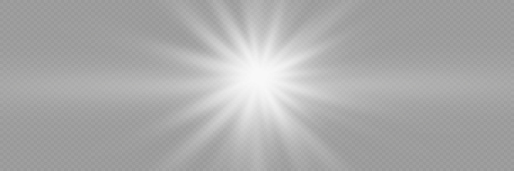 White glowing light, explosion and starburst.Effect with rays and flares. On a transparent background.