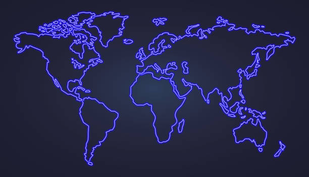 istock Neon hand drawn outline of a world map. Neon continents drawing 2117286053