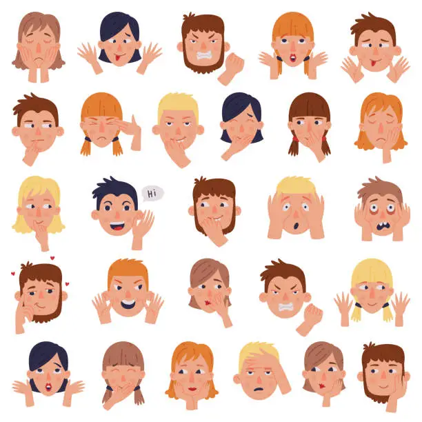 Vector illustration of Man and Woman Head with Face Emotion and Hand Gesture Vector Set