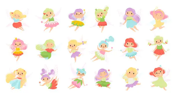 Vector illustration of Cute Girl Fairy Flying and Fluttering with Wings and Magic Wand Vector Set