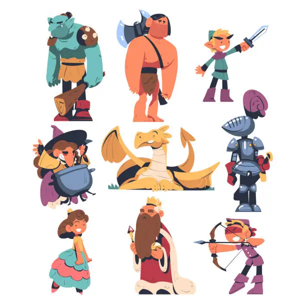 Vector illustration of Fairytale Characters with Troll, Giant, Elf, Witch, Dragon, Knight, Princess, Archer and King Vector Set