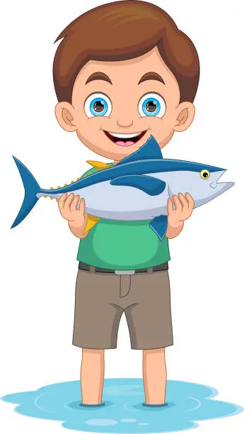 Vector illustration of Little boy shows that he got a big fish in the river cartoon