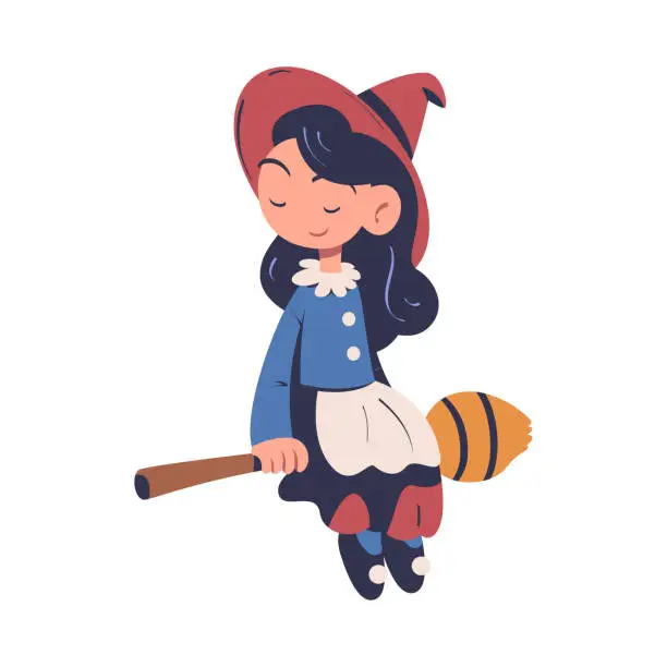 Vector illustration of Cute Little Witch Sitting on Broom as Fairytale Character Vector Illustration