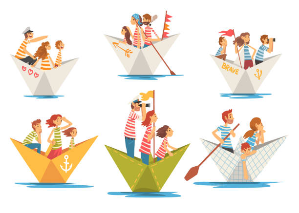 illustrazioni stock, clip art, cartoni animati e icone di tendenza di famiglia con bambini in felpa a righe che naviga a bordo di una barca di carta attraverso il set vettoriale del fiume - women courage water floating on water